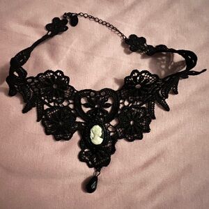 Black Lace Cameo Choker Necklace - Women's Jewelry